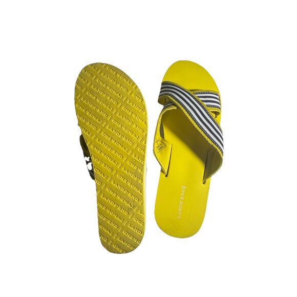 New Land's End Yellow Sandals Slides 90s Vibes Navy and White Stripe Preppy Boat - Picture 6 of 8